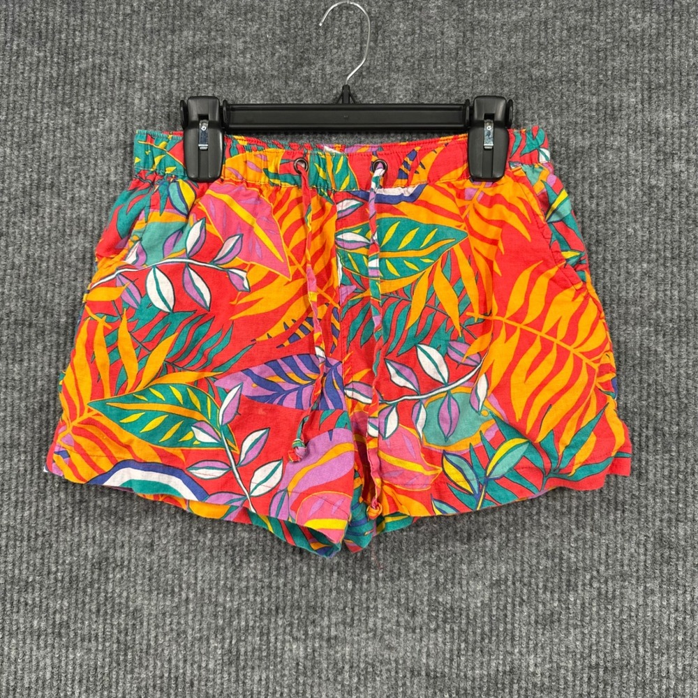 C&C California Linen Shorts Womens Medium Red Tropical Leaf Print Excellent
